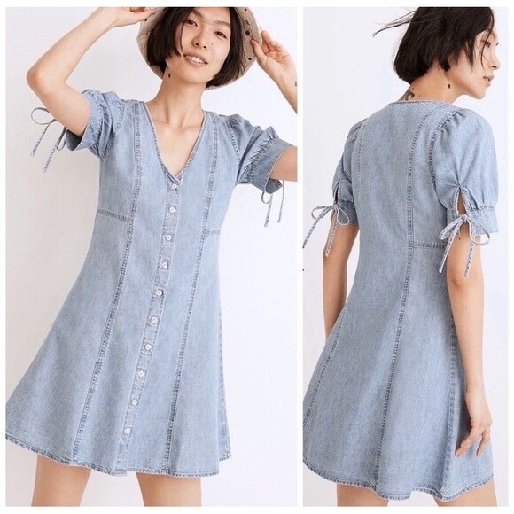 MADEWELL Blue Denim Chambray A-Line Mini Dress Puff Sleeve Button Front 00 XS - Picture 8 of 8